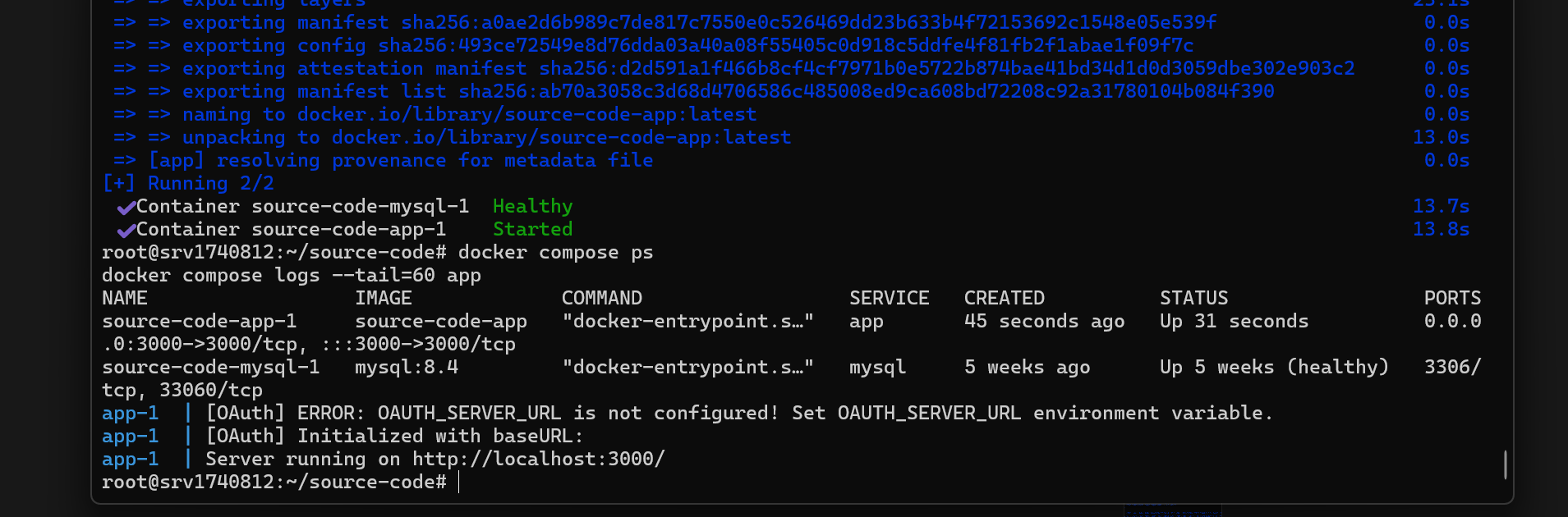 Docker 應用程式日誌顯示網站伺服器正常執行