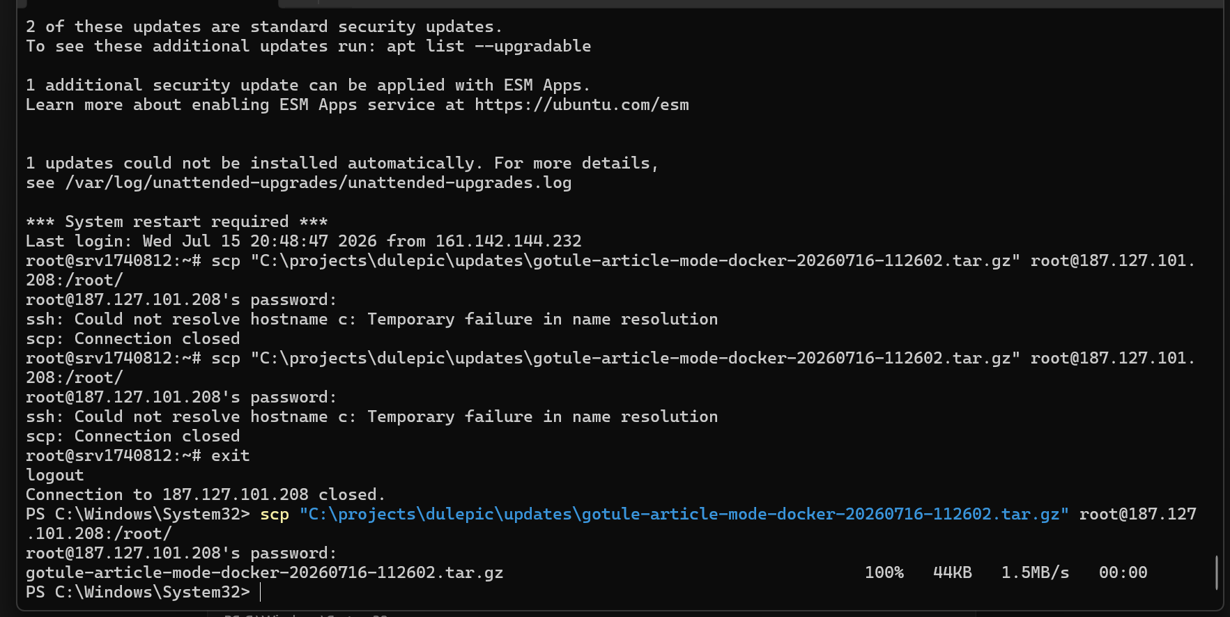 退出 VPS 後在本機 Windows PowerShell 使用 scp 上傳更新檔