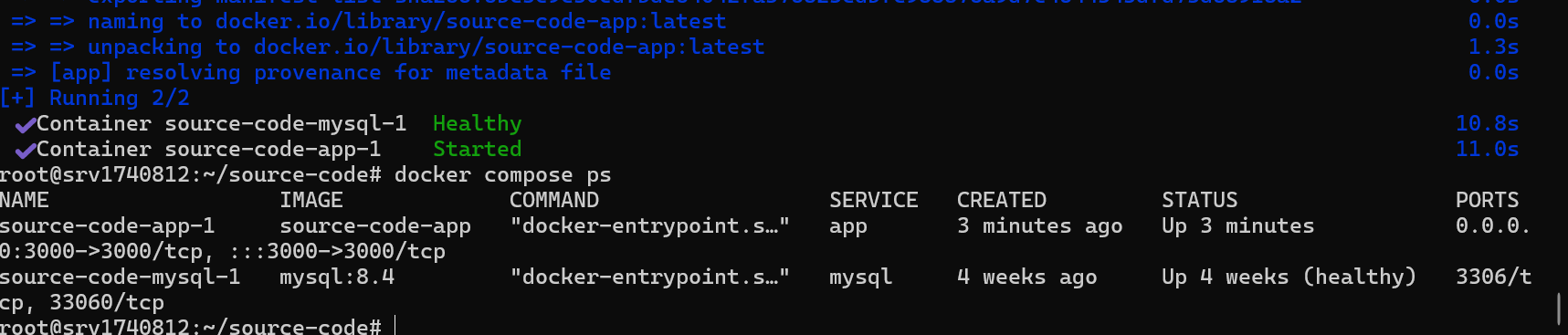 在 Linux VPS 終端檢查 Docker Compose 容器執行狀態