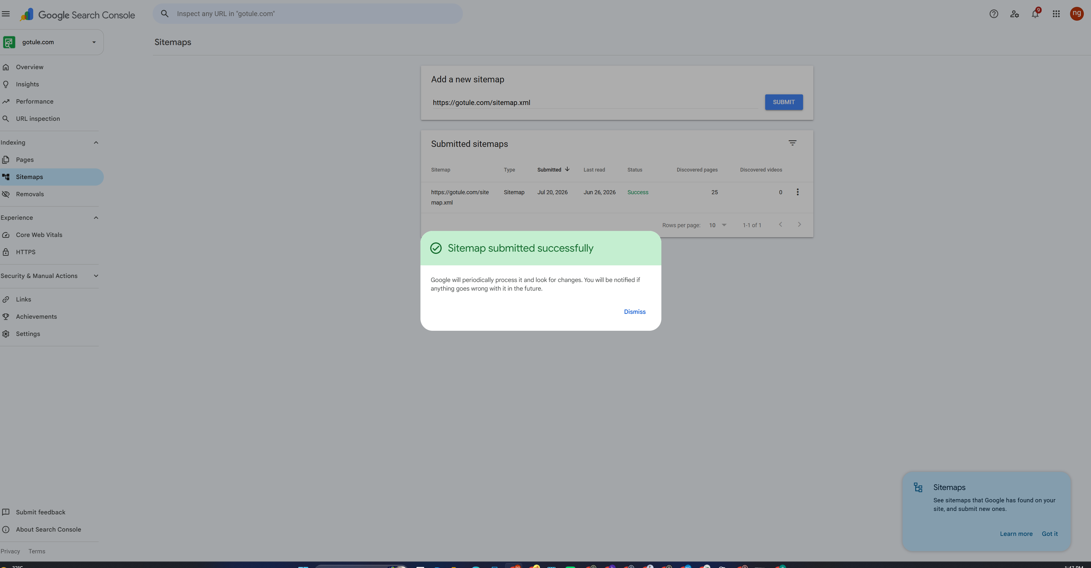 Gotule 在 Google Search Console 成功重新提交 Sitemap