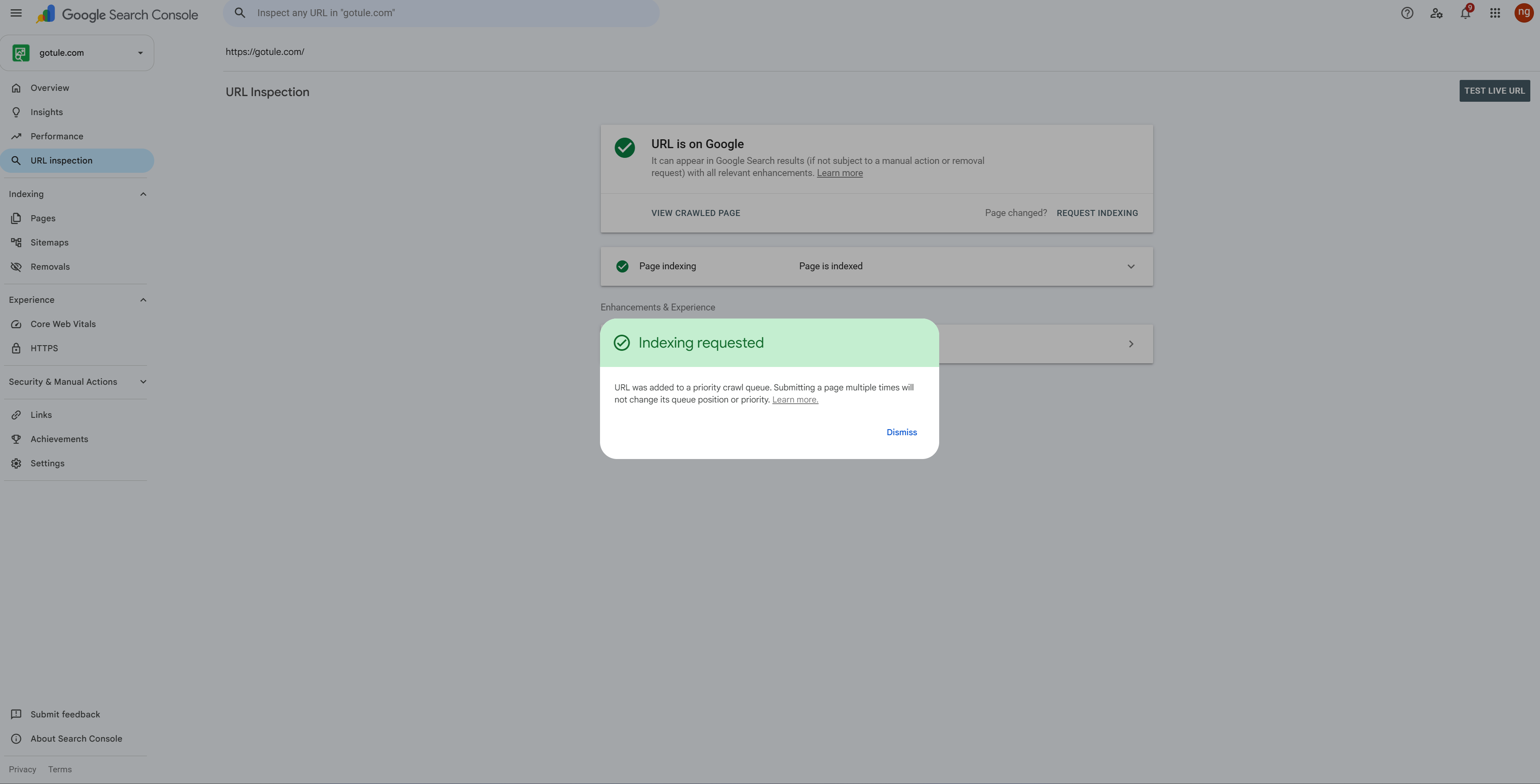 在 Google Search Console 為 Gotule 首頁申請重新建立索引