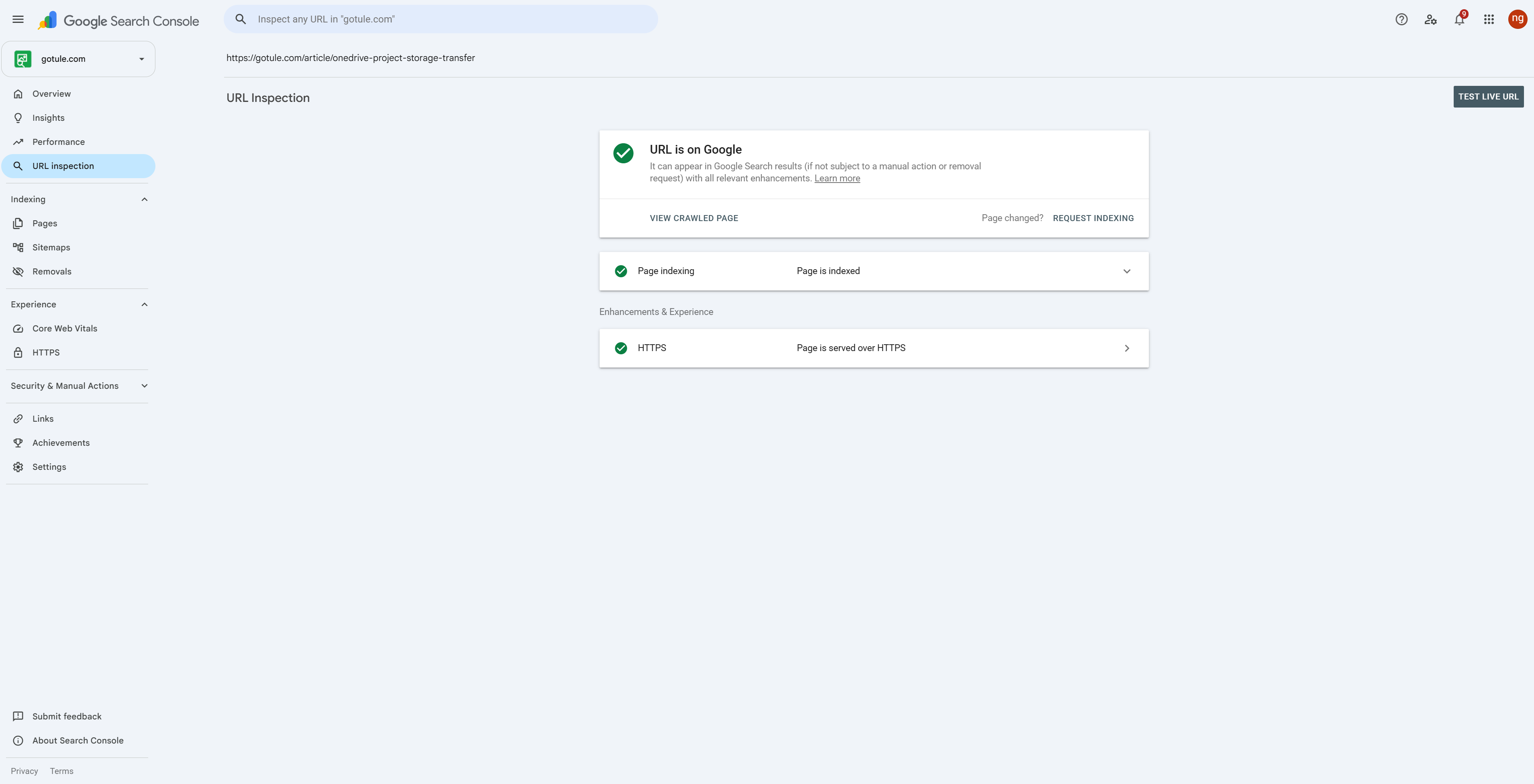 Google Search Console 顯示 Gotule 原創文章網址已經成功收錄